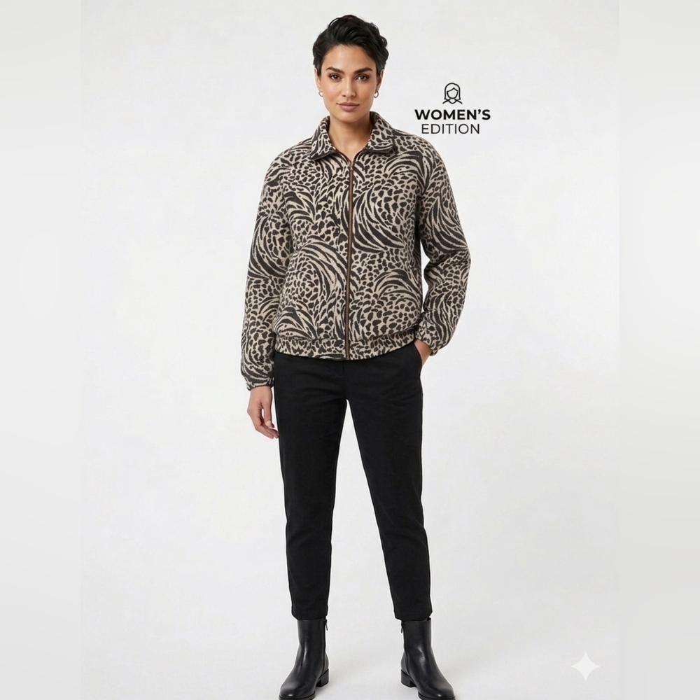 Fuda 100% Silk Womens Black & Cream Patterned Zip-Front Utility Jacket